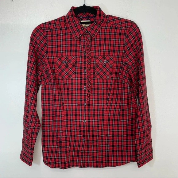 Heritage Shirtings By Bass Shirt Woman Small Red Black Plaid Button Ruffles - Picture 1 of 8